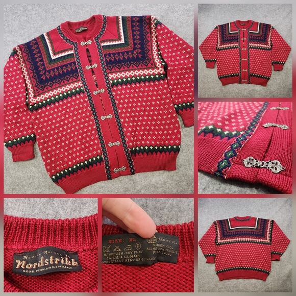 Vintage Nordstrikk Sweater Adult XL Red Nordic Wool Knit Cardigan Clasp 90s - Picture 1 of 14